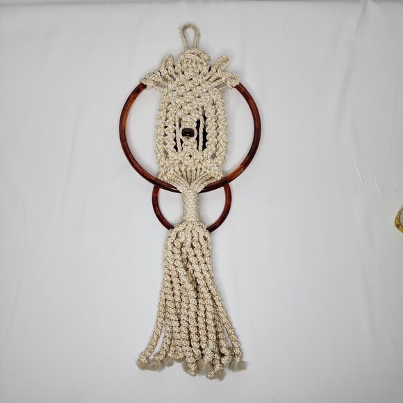 Macrame VTG Towel Holder with Ceramic Butterfly Holder 2 4" Wall Hanging Boho - Picture 8 of 12